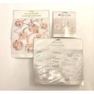 Mix & Match Party Decorations Lot- Rose Gold Floral Swirls, Fans & Backdrop